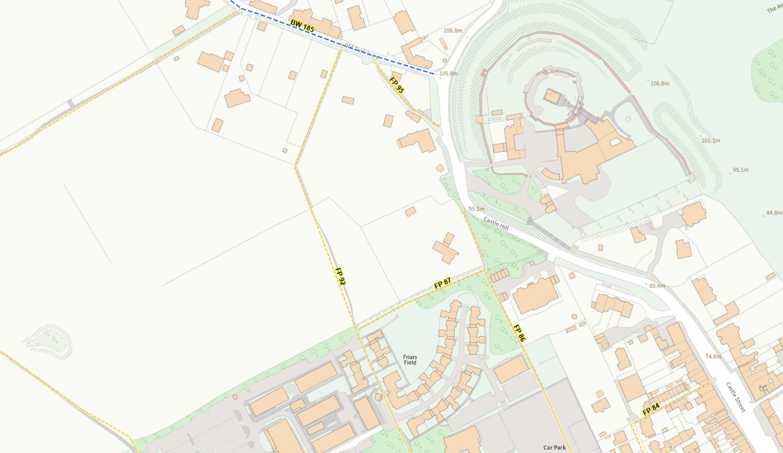 ArcGIS footpath map showing FP92, FP95, FP86, and Castle Hill