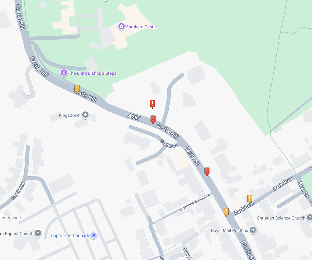 Collision locations on Castle Hill and Castle Street