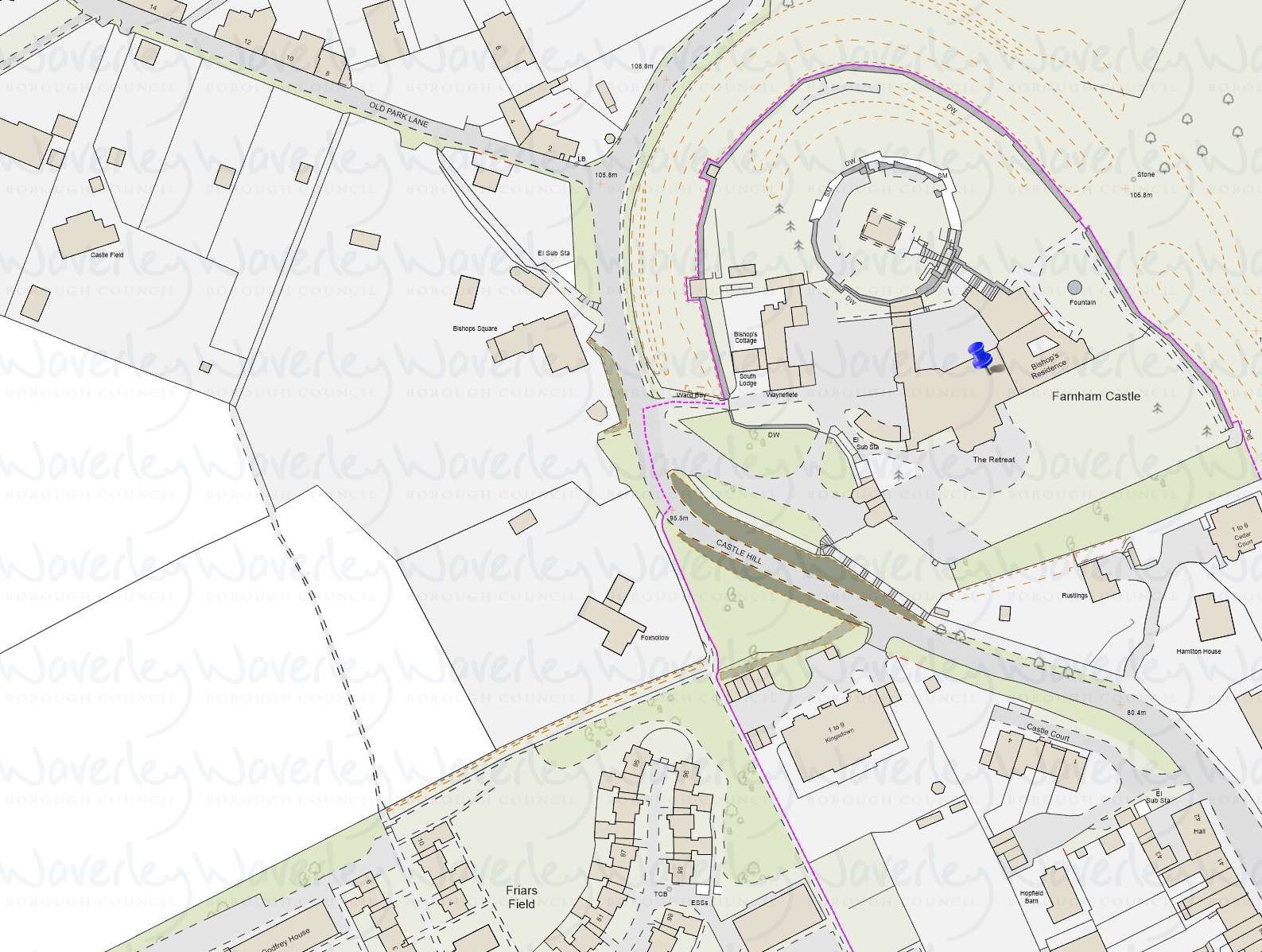 Scheduled monument boundary around Farnham Castle and Castle Hill